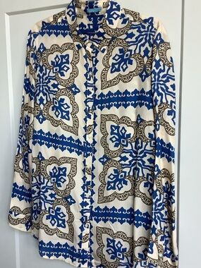 Womens Printed Button-Front Blouse - Blue & Cream